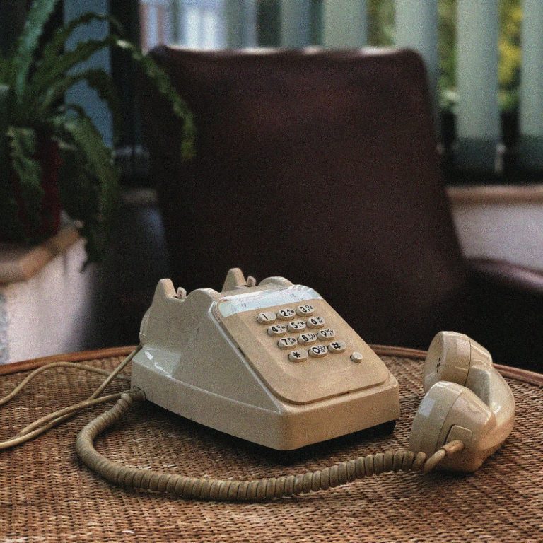 Telefonapparat mit liegendem Hörer auf Tisch, brauner Stuhl daneben, Zimmerpflanze im Raum